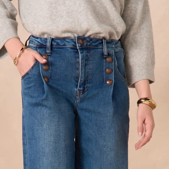 FROM PARIS FRANCE 🇫🇷 Women's Blue Wide-Leg Jeans With Buttons Details - Picture 3 of 5